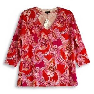 NWT Talbots V-Neck Sweater Red Pink Floral Paisley Print Cotton Pullover Large